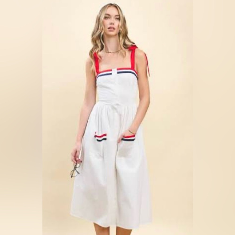TCEC White Midi Dress with Red Shoulder Ties and Navy Trim